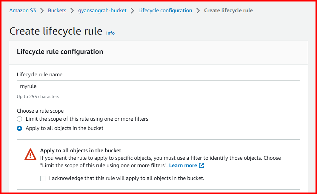 Picture showing Create lifecycle rule screen in AWS